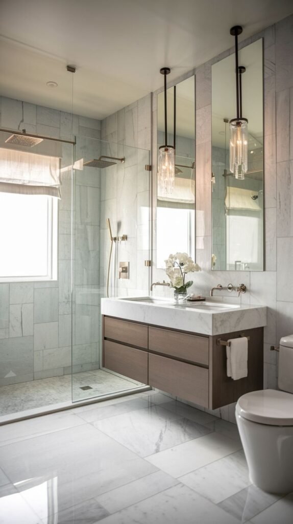 A sleek and glam lavish guest bathroom with a modern floating double vanity, a spacious glass-enclosed shower, tall mirrors with elegant pendant lighting, and luxurious marble walls and floor.