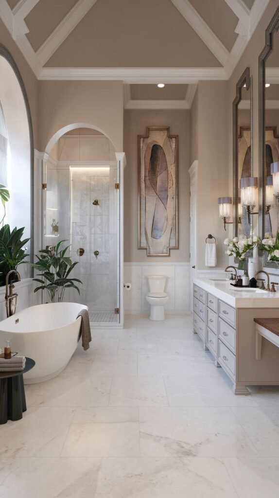 A grand and lavish guest bathroom showcasing a freestanding tub, a shower within an arched alcove, a double vanity, and tall mirrors, all contributing to a glam aesthetic with architectural ceiling details.