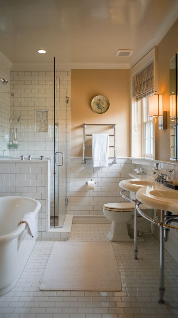 A bright and clean lavish guest bathroom with a tub and glass shower screen, two pedestal sinks, white subway tiles, and a heated towel rack, providing a crisp and slightly glam aesthetic.