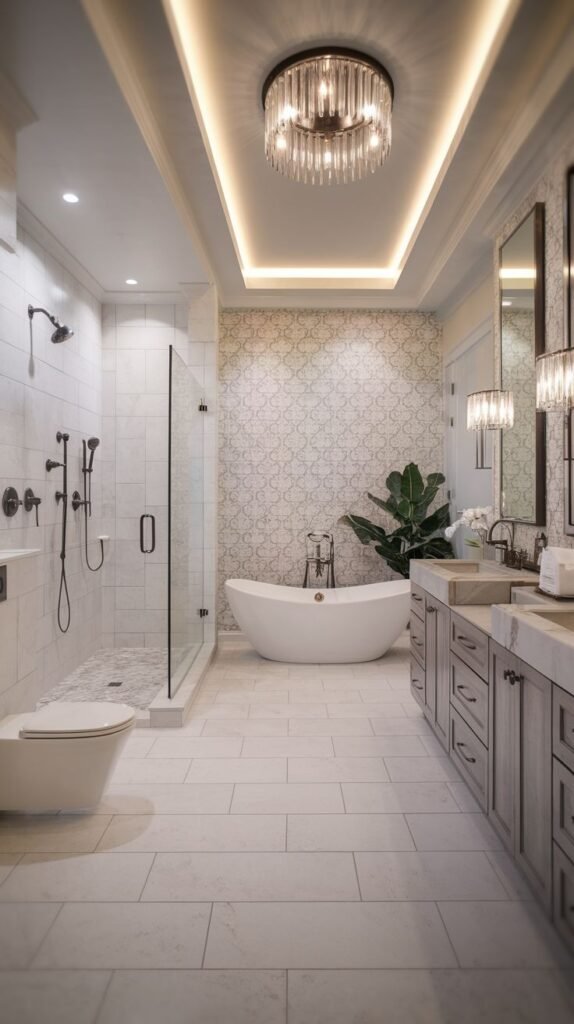 An elegant and lavish guest bathroom with a freestanding tub, a glass-enclosed shower, a double vanity, a decorative chandelier, and a subtle patterned accent wall, all contributing to a glam design.