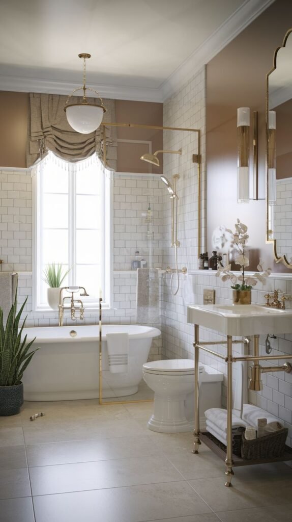 A glam and lavish guest bathroom showcasing a bathtub with luxurious gold fixtures, a glass shower screen, a pedestal sink with a gold frame, white subway tiled walls, and an elegant pendant light.