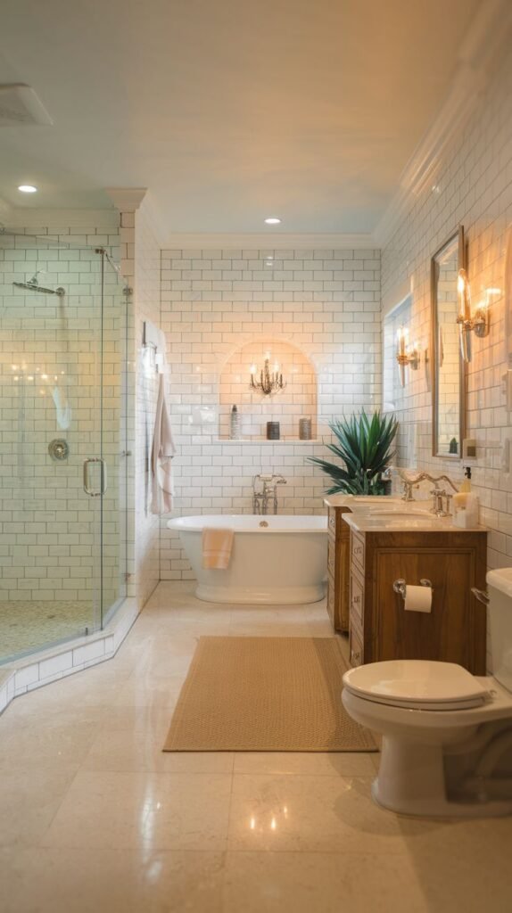 A warm and lavish guest bathroom featuring a freestanding tub in an arched alcove, a spacious glass-enclosed shower, a double wood vanity, and white subway tiled walls, creating a charming and glam atmosphere.