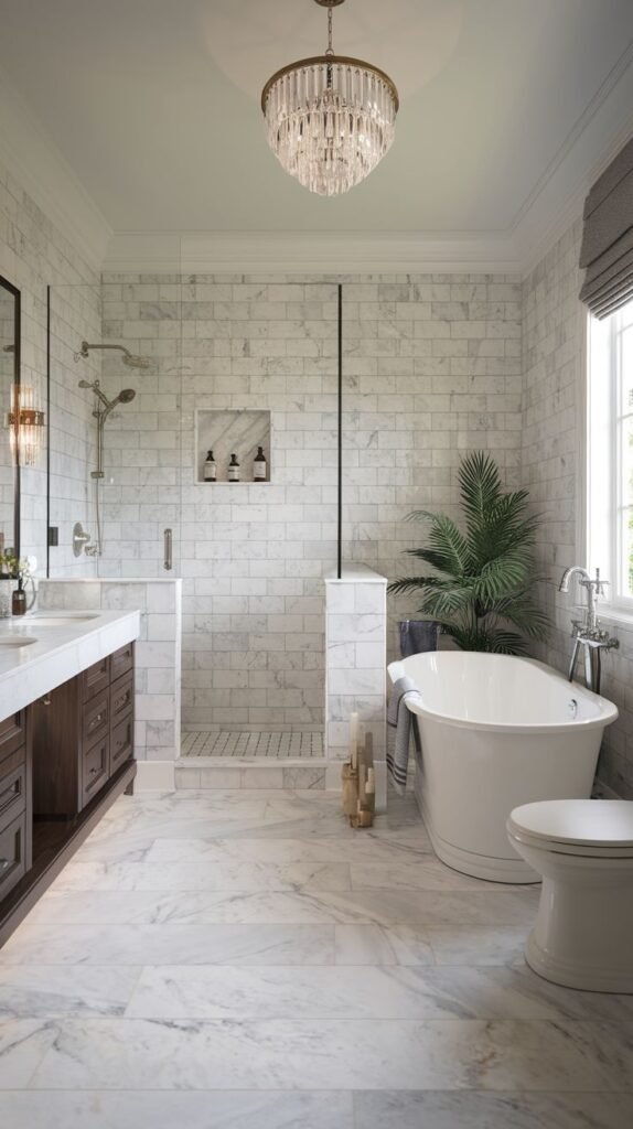 A sophisticated and lavish guest bathroom with a freestanding tub, a shower enclosed by a marble half-wall, a double vanity with dark wood, a stunning chandelier, and luxurious marble walls and floor, providing a truly glam experience.