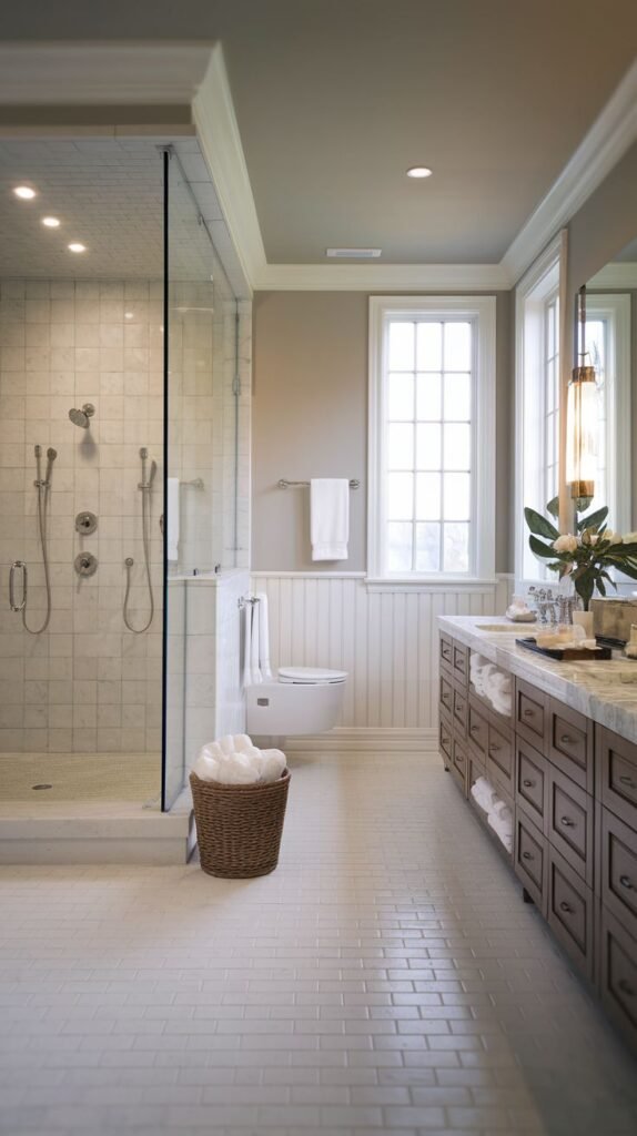 A well-appointed and lavish guest bathroom with a spacious multi-head glass-enclosed shower, a wall-mounted toilet, a large double vanity with dark wood, and wainscoting, offering a practical yet glam and comfortable space.