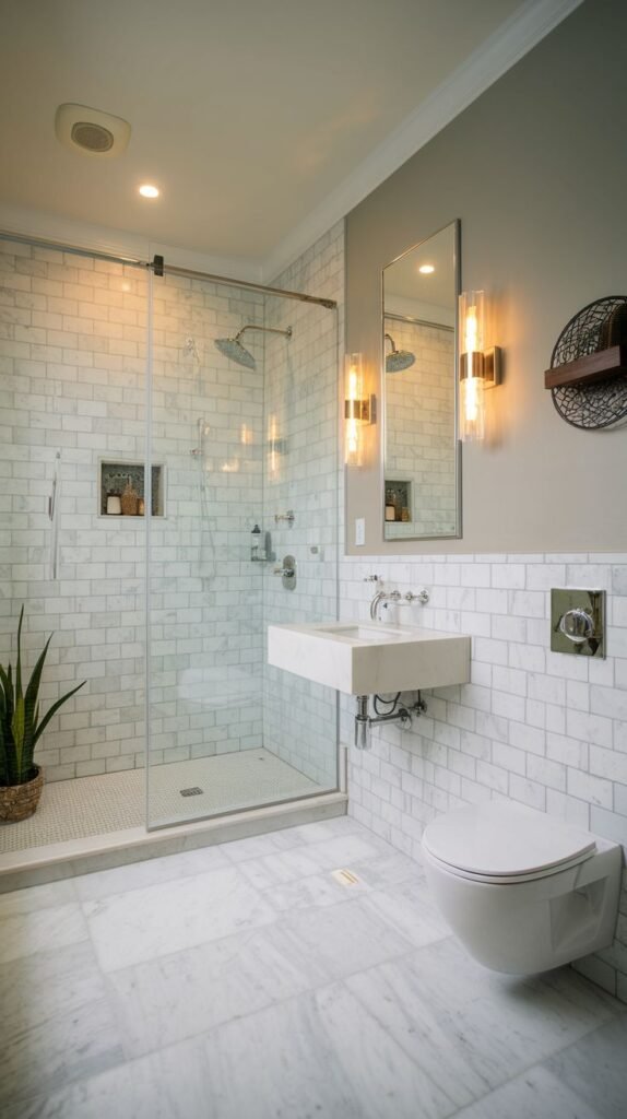 A lavish guest bathroom with a glam white subway tile shower, a sleek wall-mounted sink, a toilet, and polished marble flooring.