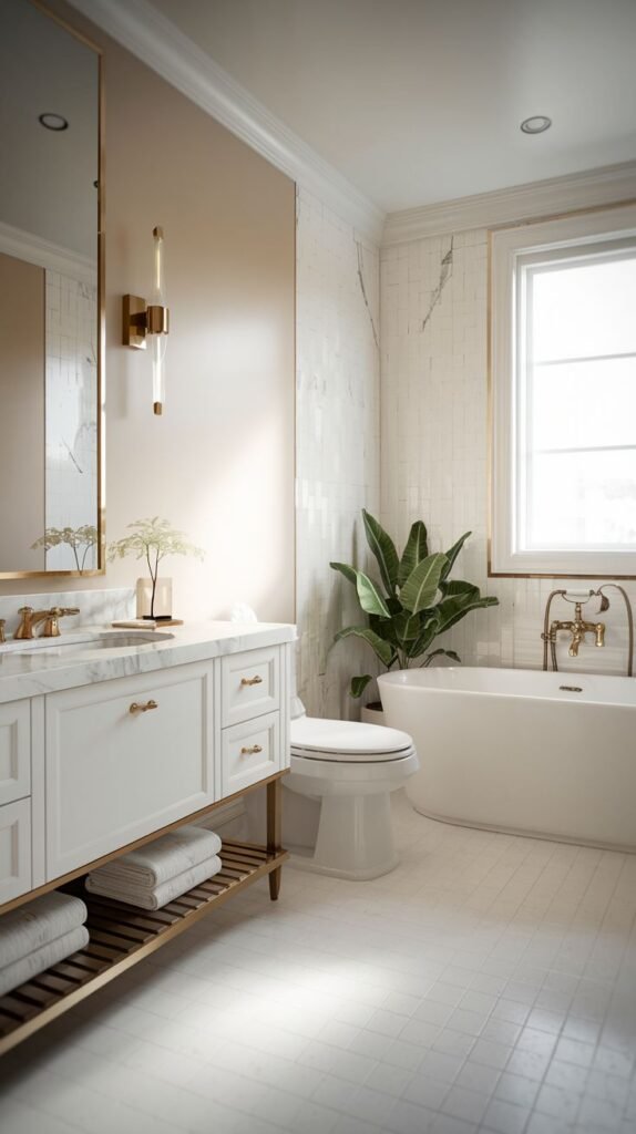 A glam and lavish guest bathroom with a sleek white vanity, gold fixtures, a freestanding tub by a window, and a large mirror with gold trim, all set against white tiled flooring.