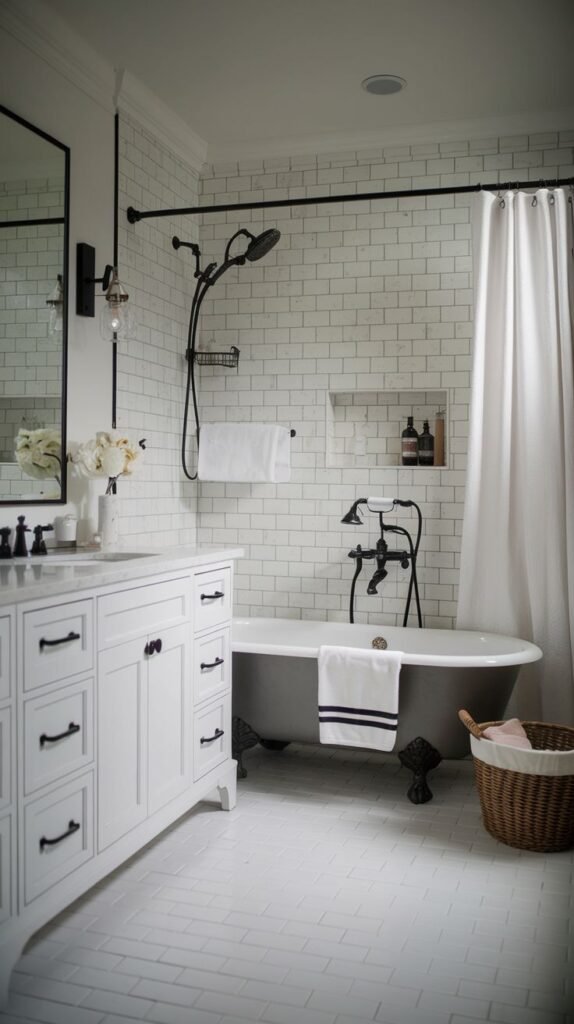 A vintage-inspired and lavish guest bathroom featuring a dark clawfoot tub with a shower curtain, a white vanity with black hardware, and white subway tiles, offering a touch of glam with its classic styling.