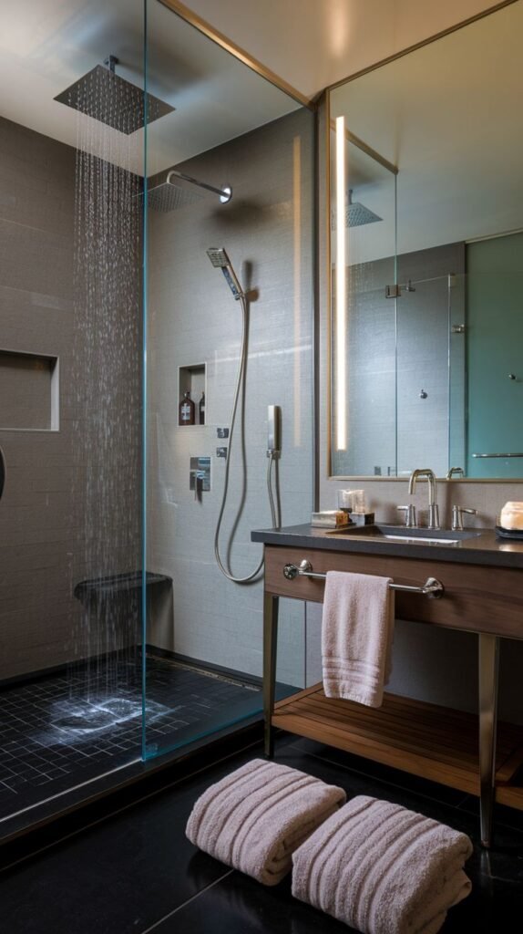 A modern and lavish guest bathroom with a luxurious rain shower, dark tiled walls and floor, a sleek wood vanity, and an illuminated mirror, creating a glam spa-like atmosphere.