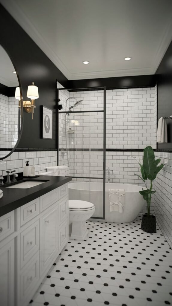 A striking and lavish guest bathroom featuring a freestanding tub, a shower with black-framed glass, a white vanity with a black countertop, and a bold black and white hexagonal tiled floor, embodying a glam Art Deco feel.