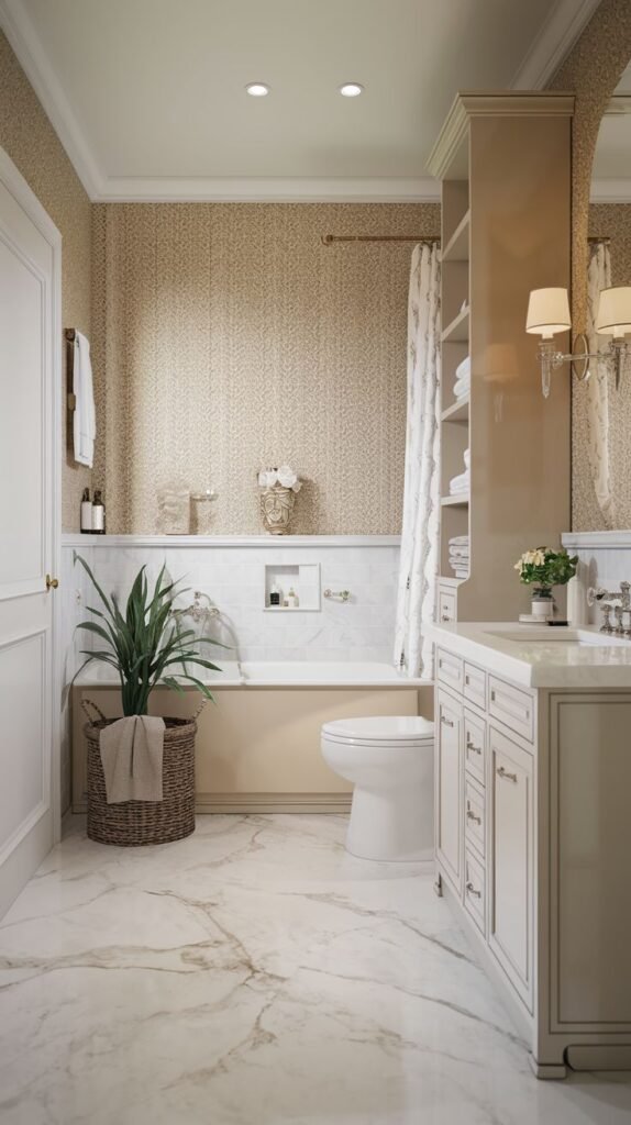 A sophisticated and lavish guest bathroom with a classic bathtub, a white vanity, elegant wallpaper, and a beautiful white marble floor with gold veining, presenting a glam and inviting space.