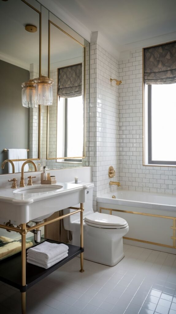 A glam and lavish guest bathroom featuring a chic pedestal sink with gold legs, a bathtub with gold fixtures and trim, white subway tiled walls, and reflective gold-framed mirrors.