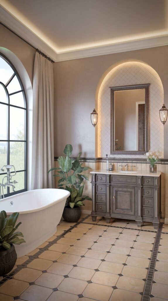 A classically elegant and lavish guest bathroom with a freestanding tub positioned by a large arched window, a rich dark wood vanity, an arched mirror, and decorative tiled flooring, creating a glam and inviting ambiance.