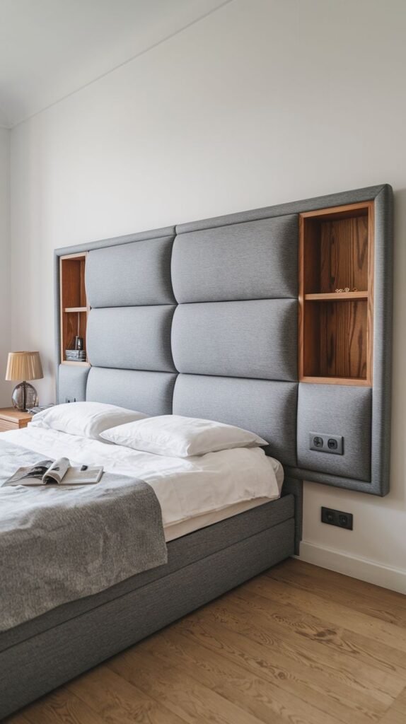 A functional and elegant bedroom featuring a wide, upholstered Grey Headboard with integrated wooden shelving and electrical outlets, perfect for modern living.