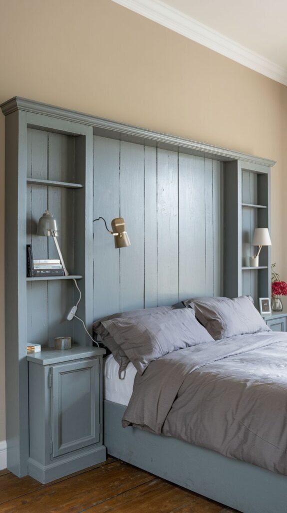 A practical and elegant bedroom featuring a full-width built-in Grey Headboard unit with vertical wooden panels and integrated shelves, lighting, and storage.