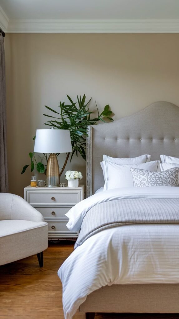An inviting and elegant bedroom with a subtly button-tufted upholstered Grey Headboard, a white nightstand, and a vibrant green plant.