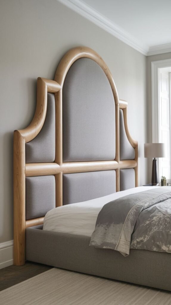 A striking and elegant bedroom design with an upholstered Grey Headboard framed by a light wooden arch and curved side panels, creating a sophisticated focal point.
