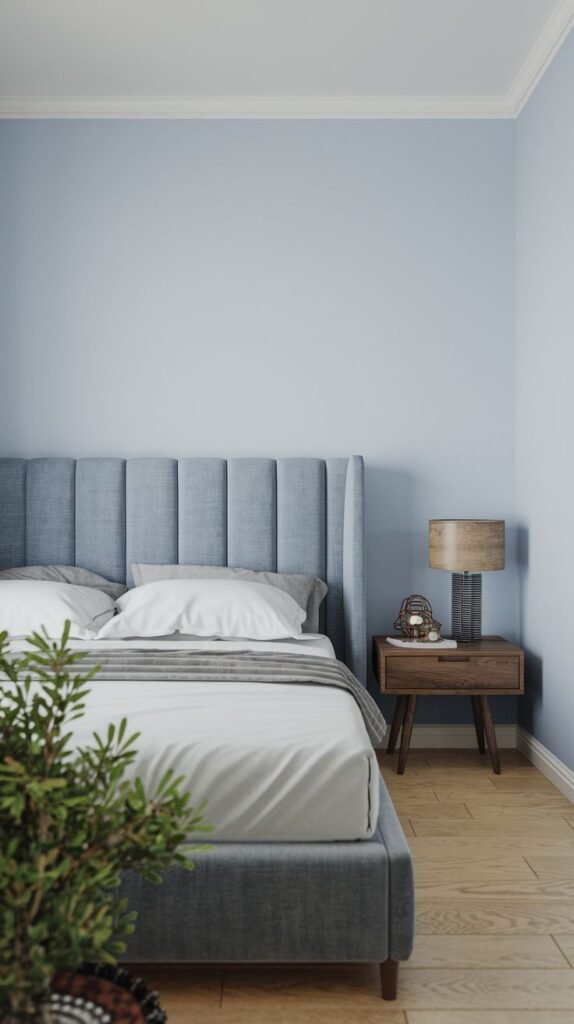 An elegant and peaceful bedroom featuring a vertically paneled upholstered Grey Headboard with subtle wingback details, a rustic wooden nightstand, and a small plant.