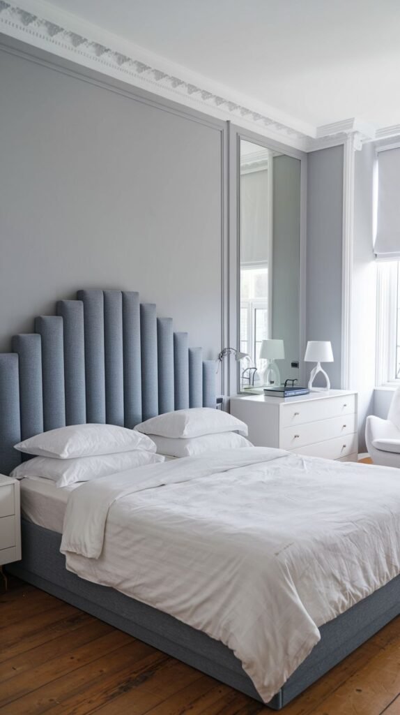 A modern and elegant bedroom with a bold Grey Headboard composed of vertical cylindrical upholstered elements of varying heights in a stepped pattern.