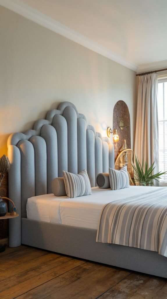 A unique and elegant bedroom showcasing a distinctive Grey Headboard made of multiple rounded, tube-like upholstered elements forming an organic, wave-like pattern.