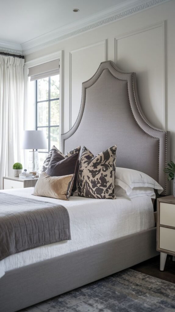 An elegant and classic bedroom featuring a large, shapely upholstered Grey Headboard with nailhead trim and a prominent curved silhouette.