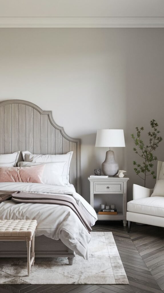 A light and elegant bedroom with an arched, wooden-paneled Grey Headboard, a white armchair, and a minimalist nightstand with a lamp.