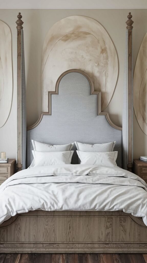 A grand and elegant four-poster bed with an ornate arched upholstered Grey Headboard and decorative wooden posts, set against a beautifully painted wall.