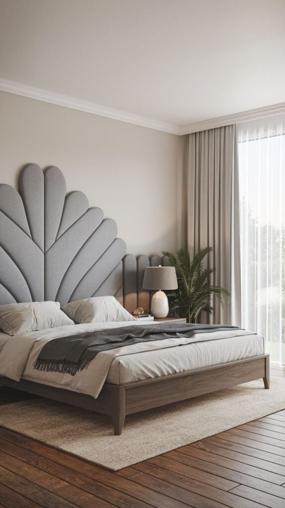 A modern and elegant bedroom featuring an artistic scalloped, shell-like upholstered Grey Headboard, simple bedding, and natural light.