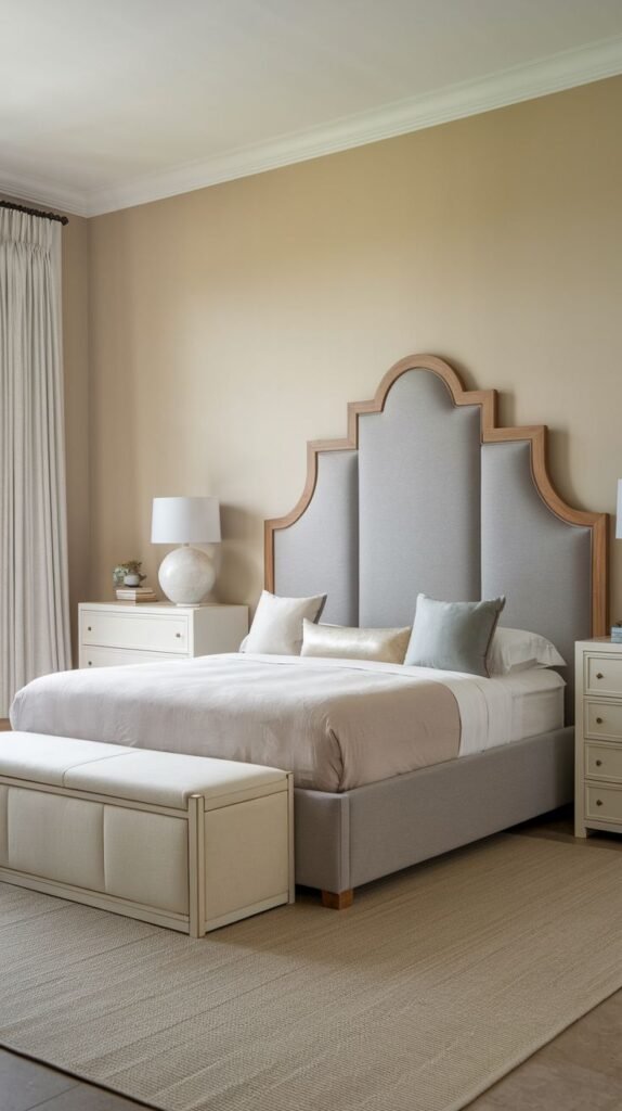 An elegant and harmonious bedroom displaying an upholstered Grey Headboard with a curved wooden frame, creating a layered, stepped arch design, and an end-of-bed bench.