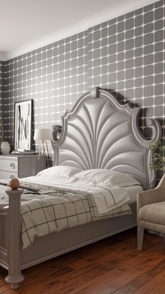 A richly decorated and elegant bedroom centered around a highly ornamental, shell-like Grey Headboard with an elaborate carved frame.