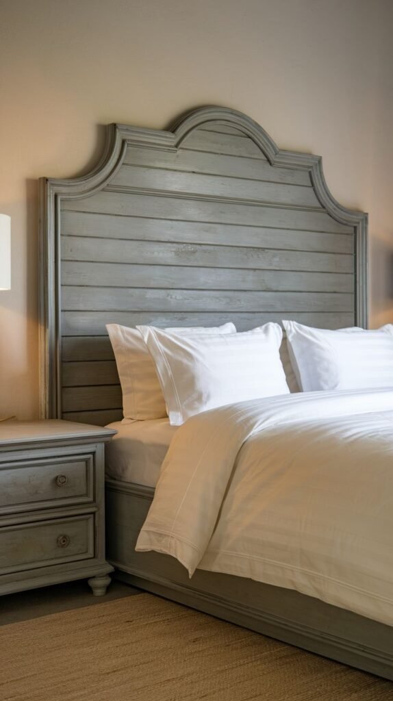 A classic and elegant bedroom featuring an arched, wood-paneled Grey Headboard with a distressed finish, complemented by a matching nightstand.