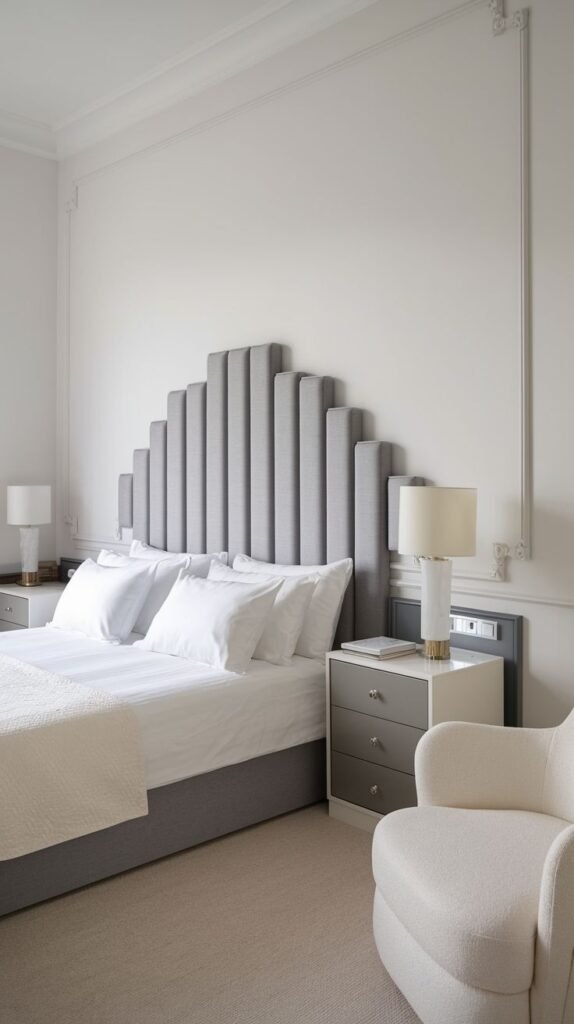 An elegant and contemporary bedroom with a striking Grey Headboard featuring vertical upholstered panels of varying heights, forming an architectural stepped pattern.