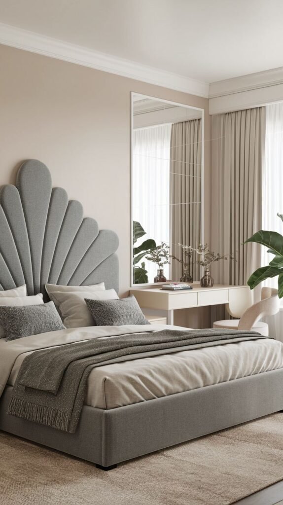 An elegant and serene bedroom featuring a large, scalloped, shell-like upholstered Grey Headboard, a prominent mirror, and soft, flowing curtains.