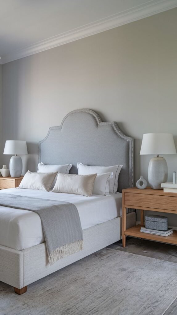 A classically elegant bedroom featuring an upholstered Grey Headboard with a curved silhouette and decorative nailhead trim, flanked by wooden nightstands.
