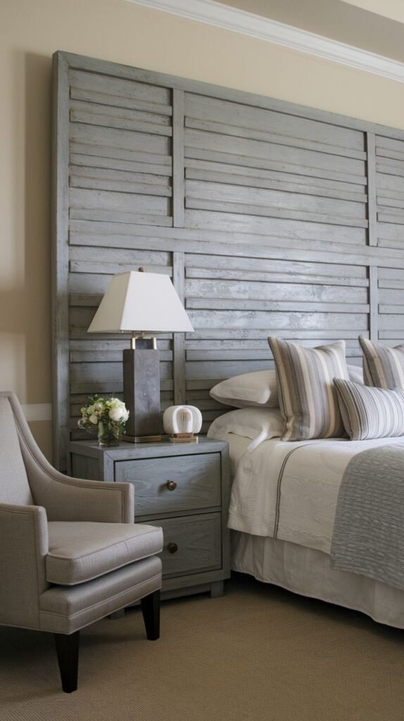 An elegant bedroom featuring a tall, slatted Grey Headboard that spans the width of the wall, flanked by a nightstand with a lamp and a comfortable armchair.