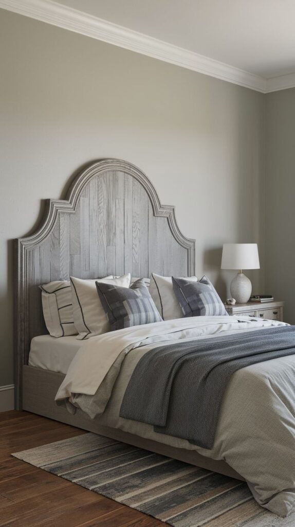 A serene bedroom showcasing an elegant arched, wood-paneled Grey Headboard with a subtle distressed finish, complemented by a striped rug and simple bedding.