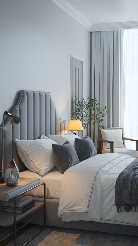 An elegant modern bedroom with a vertically fluted upholstered Grey Headboard, a minimalist nightstand with a lamp, and sheer curtains.