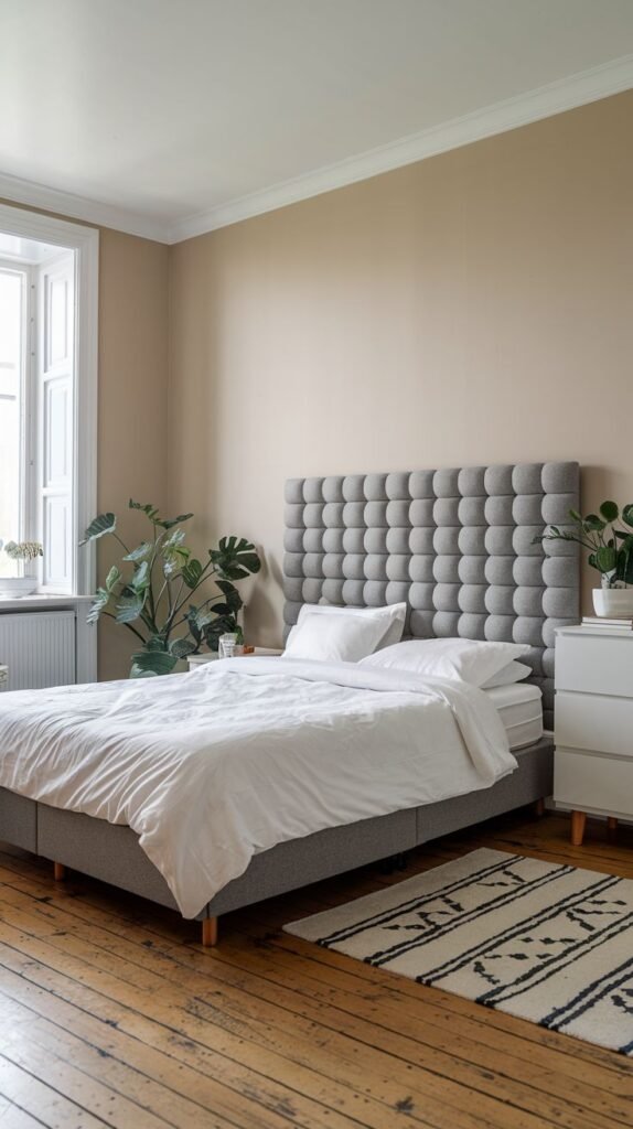 A bright, elegant bedroom featuring a tufted square-patterned upholstered Grey Headboard, white bedding, and a patterned area rug on wooden floors.