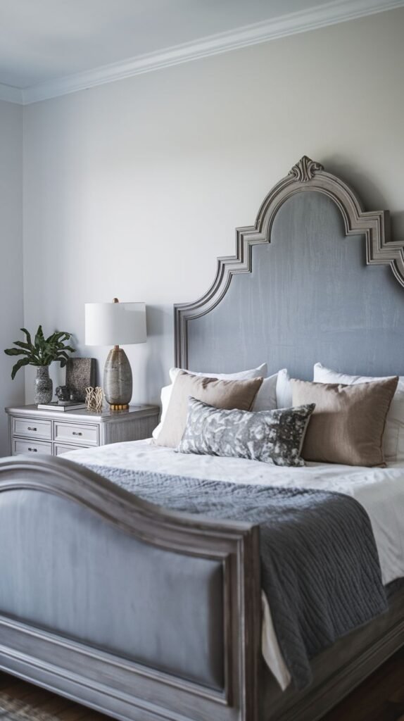 A luxurious and elegant bedroom featuring an intricately shaped Grey Headboard with an upholstered panel and a matching footboard, paired with plush pillows.