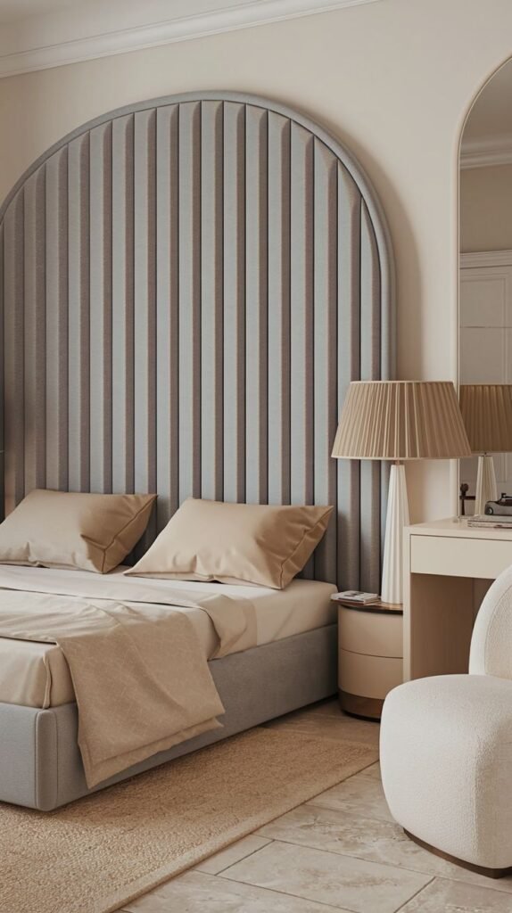 A modern and elegant bedroom centered around a large, arched, vertically ribbed upholstered Grey Headboard, with neutral bedding and a pleated lamp.
