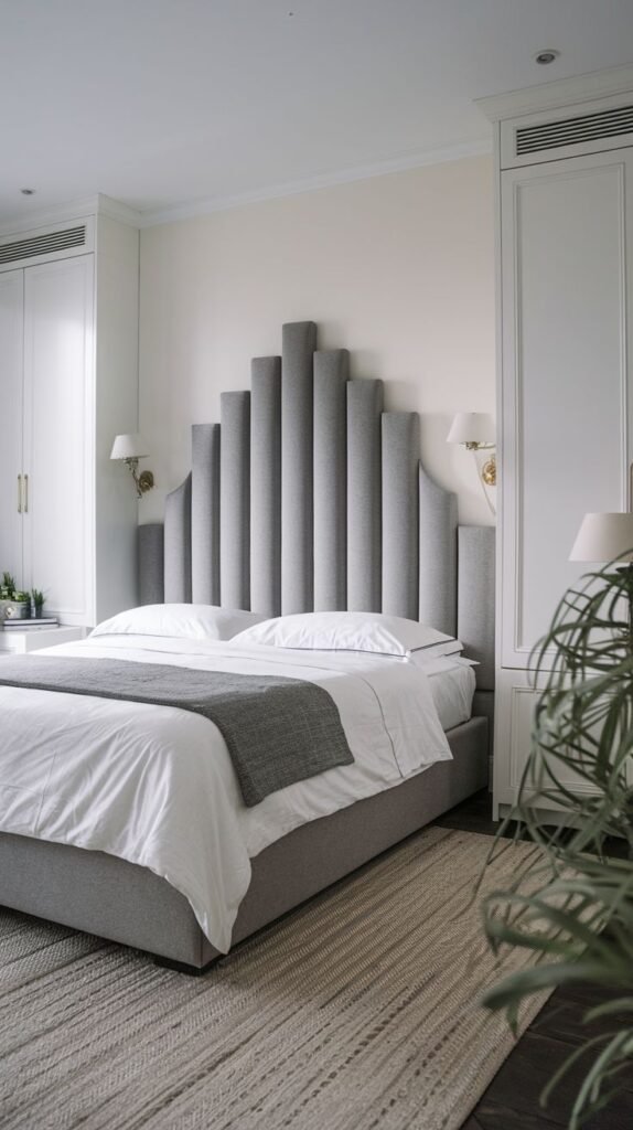 An elegant and unique bedroom featuring a Grey Headboard composed of vertical cylindrical upholstered elements of varying heights, creating a dynamic silhouette.