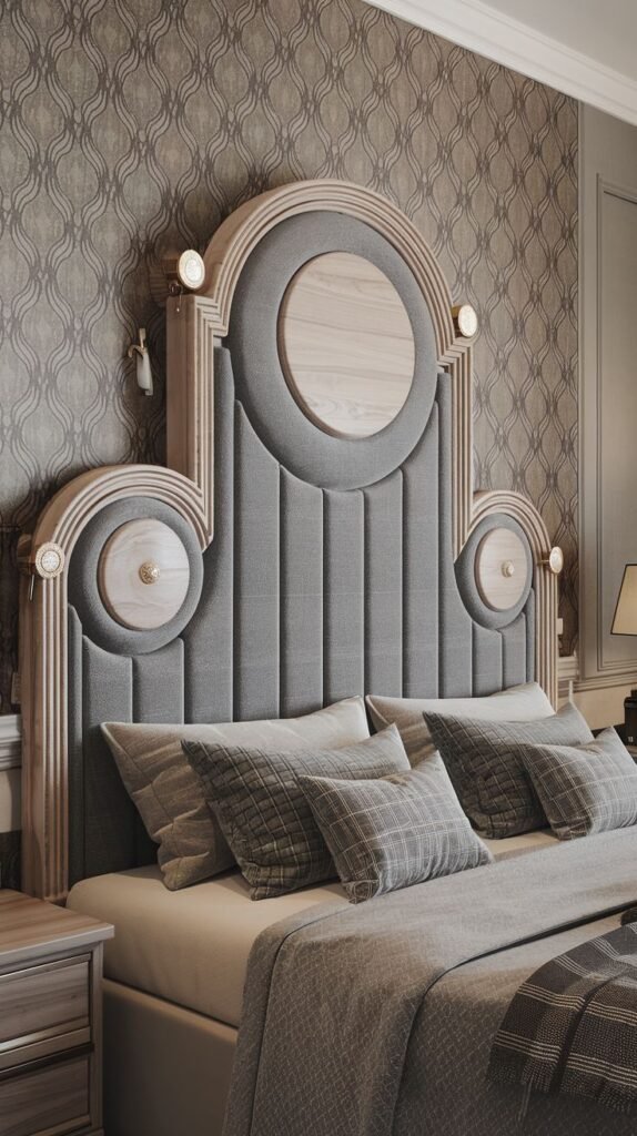 A grand and elegant bedroom displaying an ornate Grey Headboard with vertical fluting, circular wooden accents, and integrated lighting, set against patterned wallpaper.