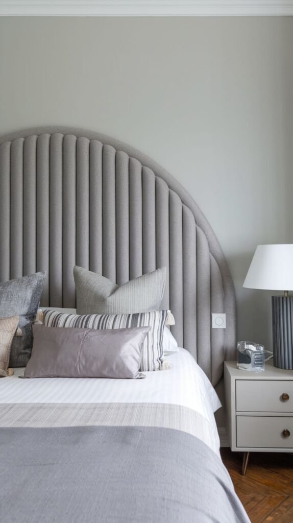 An elegant bedroom with a semicircular, vertically ribbed upholstered Grey Headboard, soft lighting from a bedside lamp, and striped accent pillows.