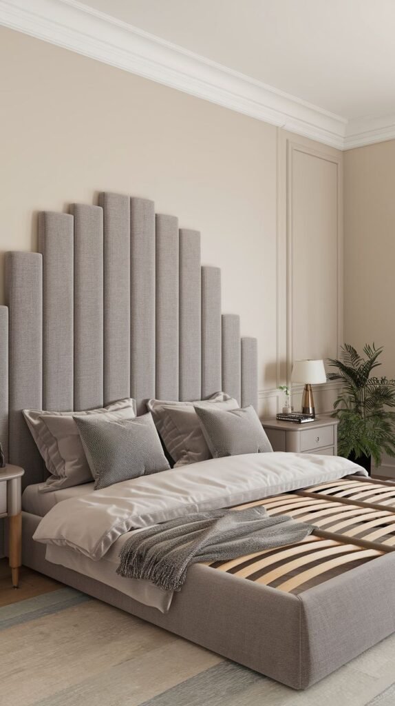An elegant and contemporary bedroom showcasing a Grey Headboard with vertical upholstered panels forming a striking stepped design.