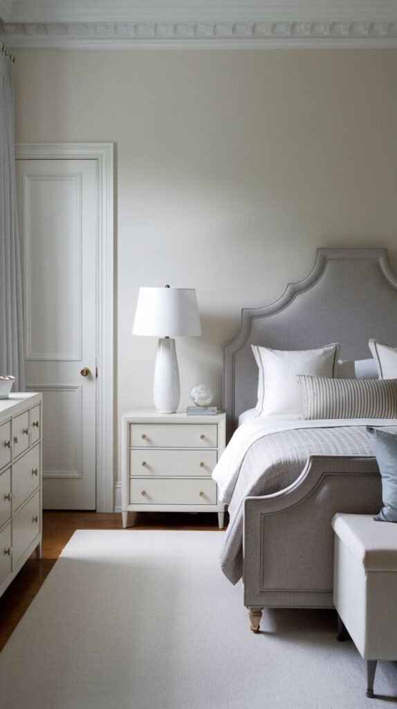 A bright and elegant bedroom with a subtly curved upholstered Grey Headboard, crisp white bedding, and a white nightstand with gold accents.