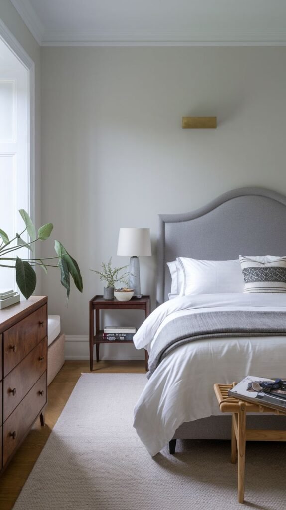 An elegant and cozy bedroom featuring a simple arched upholstered Grey Headboard, a small wooden nightstand, and a light-filled window.