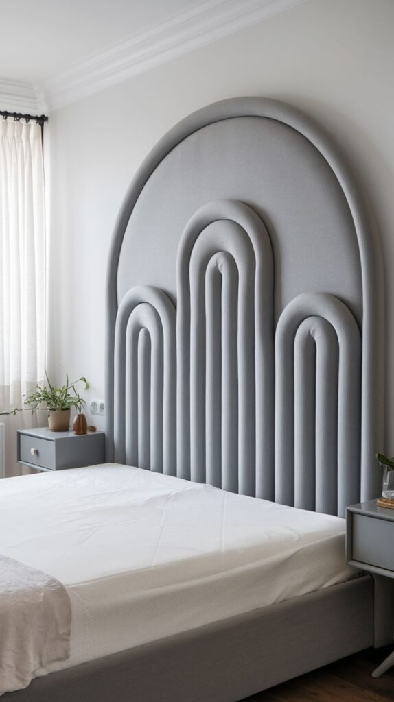 An elegant and artistic bedroom highlighting a large, intricate upholstered Grey Headboard with multiple arched, padded sections creating a unique, architectural look.