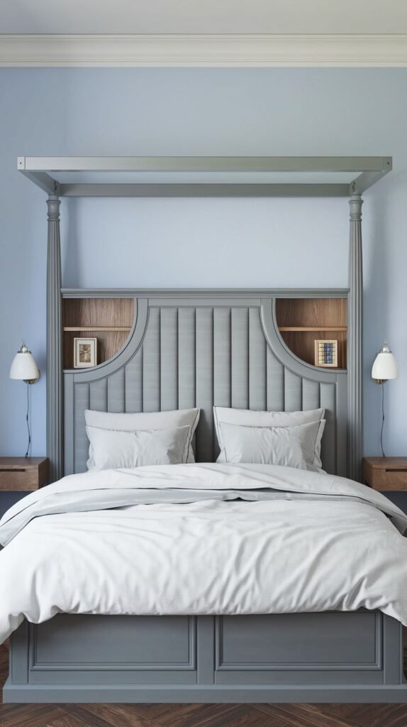 A luxurious and elegant four-poster bed with a paneled upholstered Grey Headboard that includes built-in wooden shelves and wall sconces.