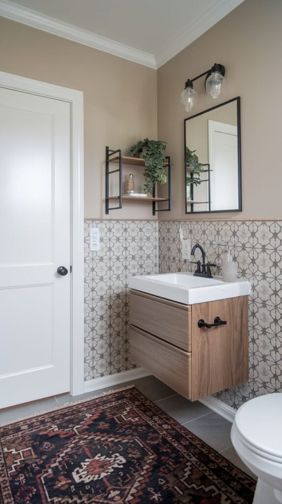 A modern half bathroom featuring a floating wooden vanity with a white rectangular sink and black fixtures. The lower wall is covered in patterned tiles, while the upper wall is painted a light beige. A black metal shelf with plants and decor is mounted on the wall, and a black-framed mirror hangs above the sink. A patterned rug is on the grey tile floor.