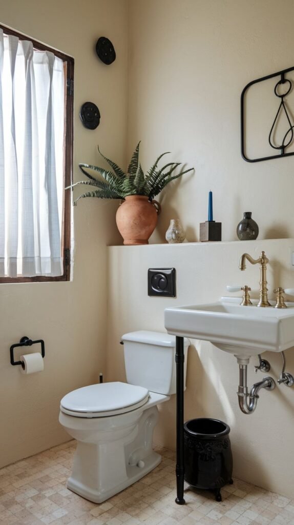 A distinctive half bathroom with light cream-colored walls and a unique wall-mounted toilet flush plate in black. It features a white toilet and a white wall-mounted sink with gold fixtures and exposed black pipes. A small window with light-colored curtains is on the left. A black and white patterned waste bin is under the sink. A plant in a terracotta pot and other decorative items are on a shelf above the toilet. The floor is light-colored patterned tile.