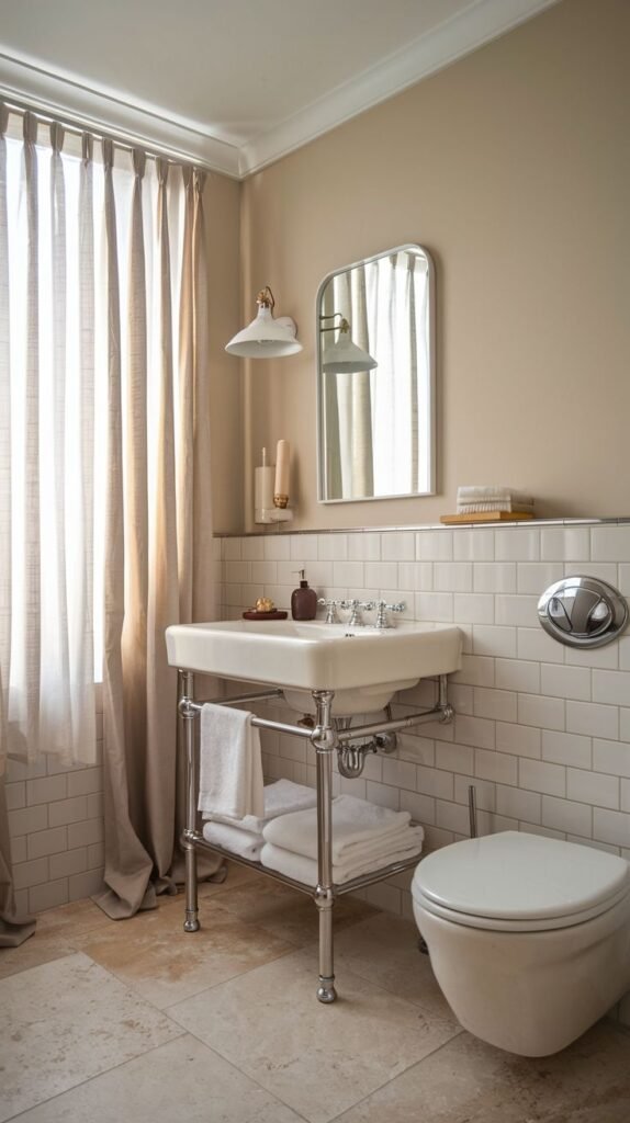 A sophisticated half bathroom with light beige painted upper walls and white subway tiles on the lower walls. A white console sink with chrome legs and fixtures stands in the foreground, with neatly folded white towels on the shelf below. A white wall-mounted toilet is visible on the right. A large window with light beige curtains is on the left, and a white-framed mirror hangs above the sink. The floor is light-colored natural stone tile.